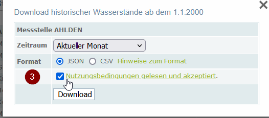 csv- und json-Format. Nutzungsbedingungen akzeptieren